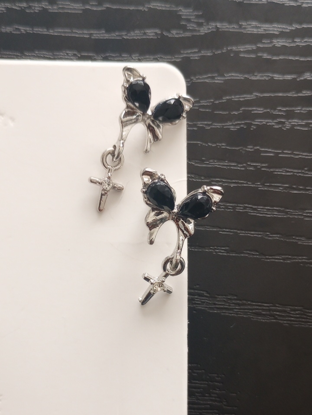 Silvertone Butterfly Drop Earrings with Black Stones and Cross Pendant